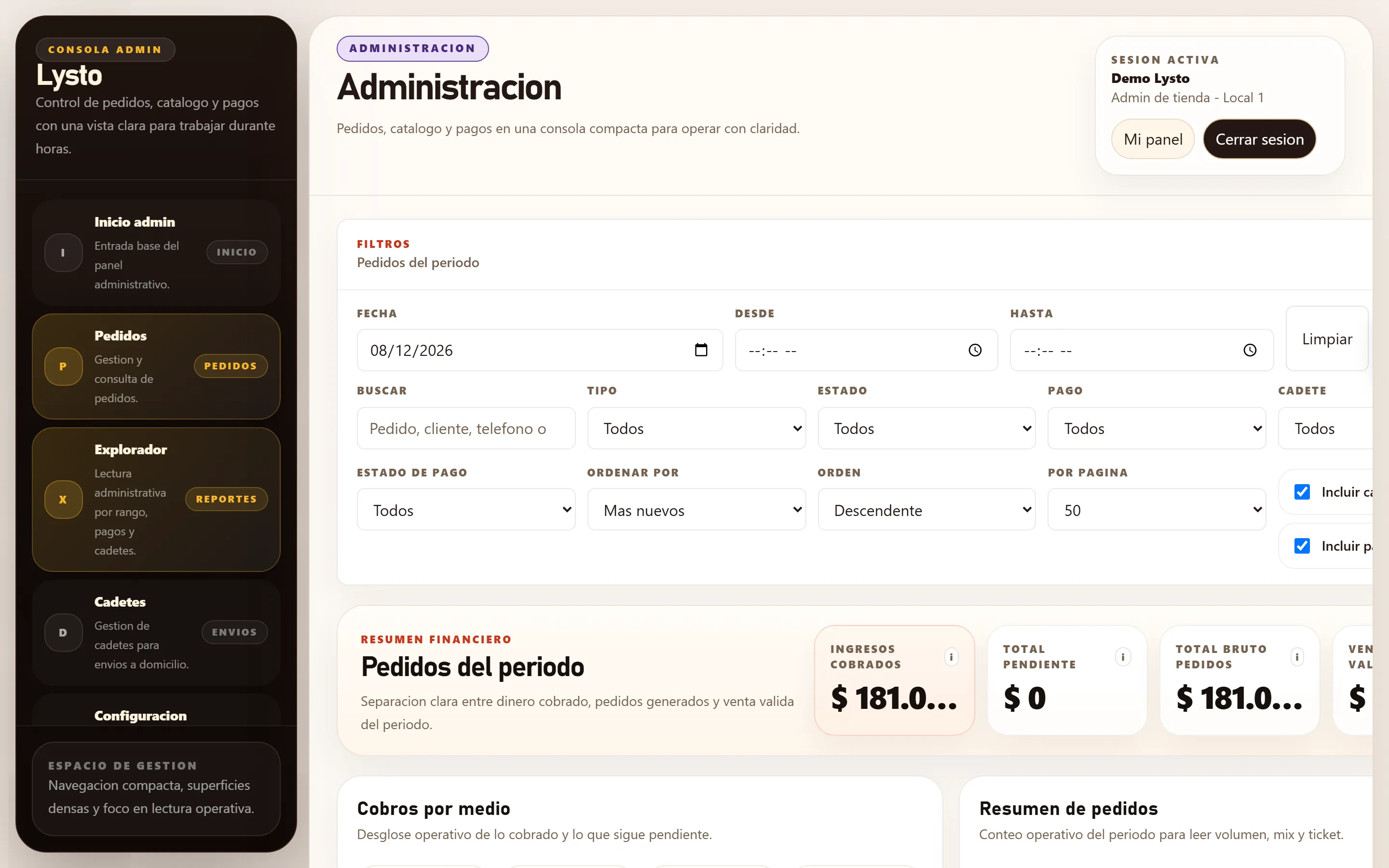 Panel administrativo de Lysto con ventas, pedidos, ticket promedio y productos destacados.