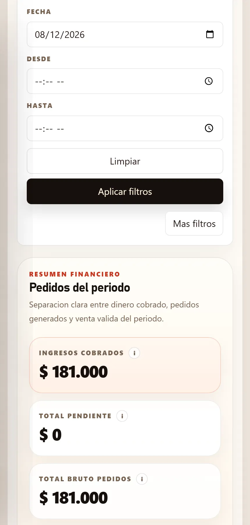 Detalle mobile de administración con ventas, pedidos, ticket promedio y resumen de pagos.
