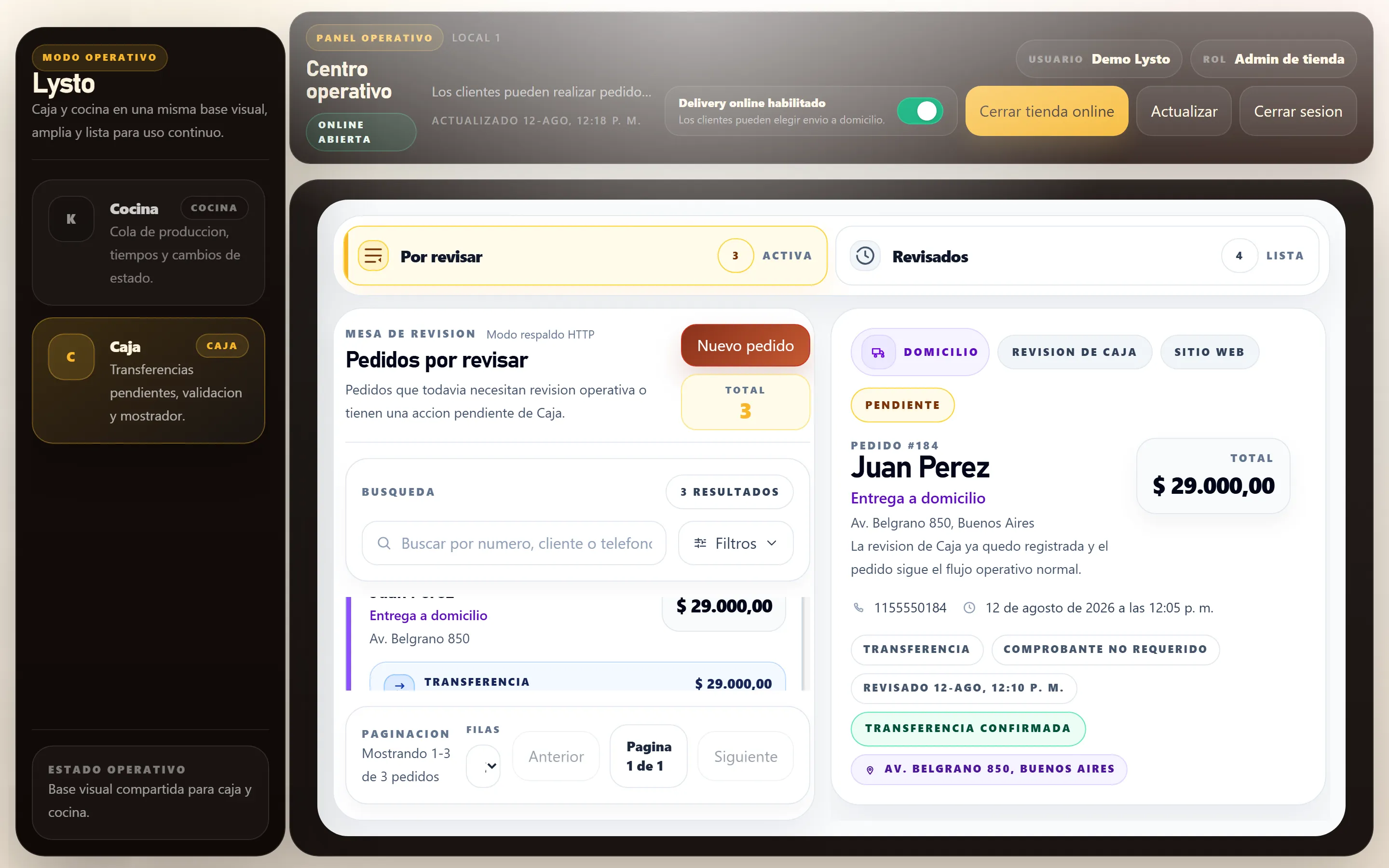 Panel de caja de Lysto con pedidos por revisar, comprobantes, datos de entrega y acciones operativas.