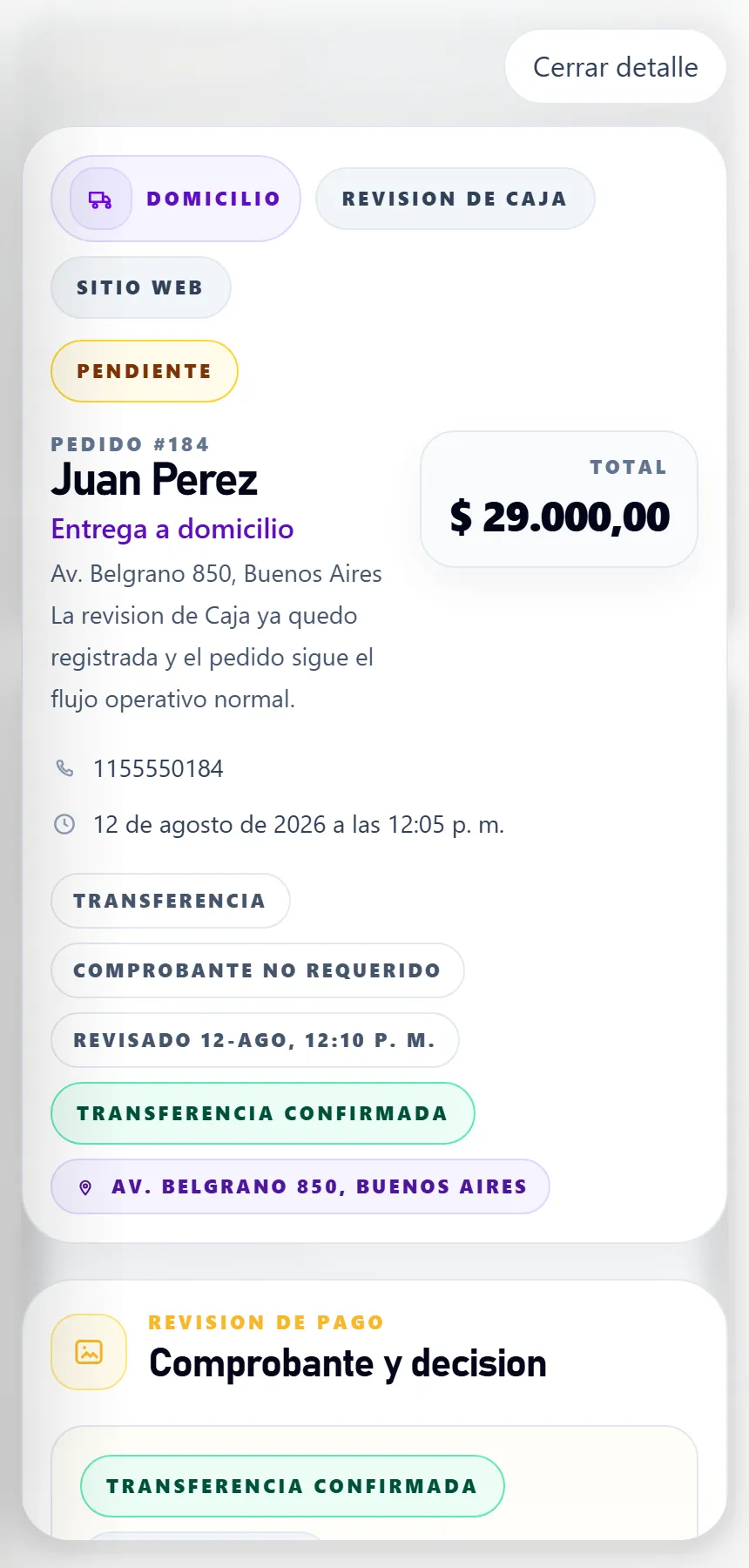 Detalle mobile de caja en Lysto con pedido a domicilio, total, estado de pago y datos del cliente.