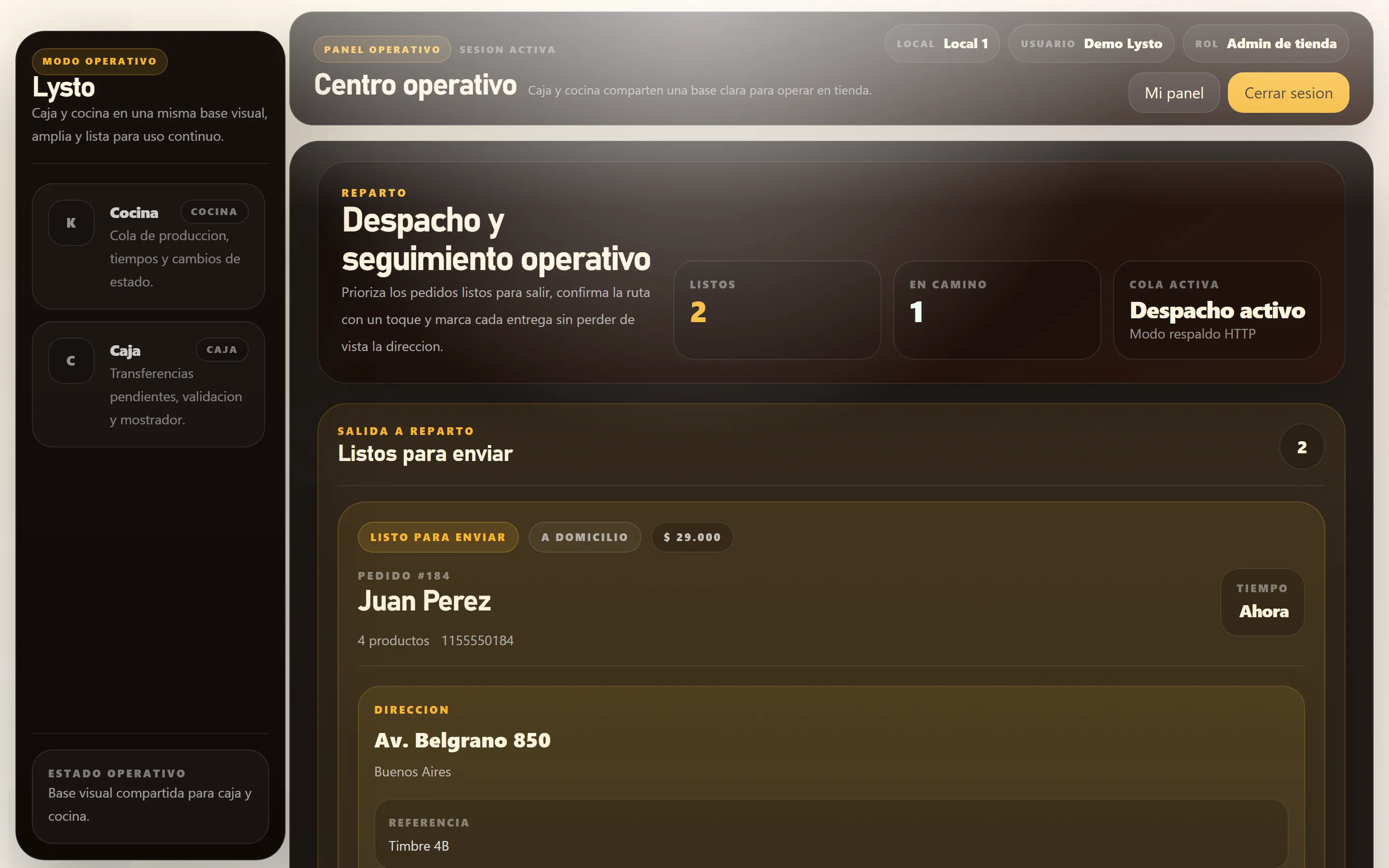 Modulo de despacho de Lysto con pedidos listos y en camino, datos de entrega y seguimiento operativo.