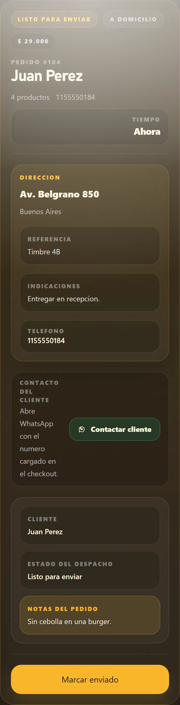 Detalle mobile de despacho con pedido listo, dirección, datos de entrega y acción de seguimiento.