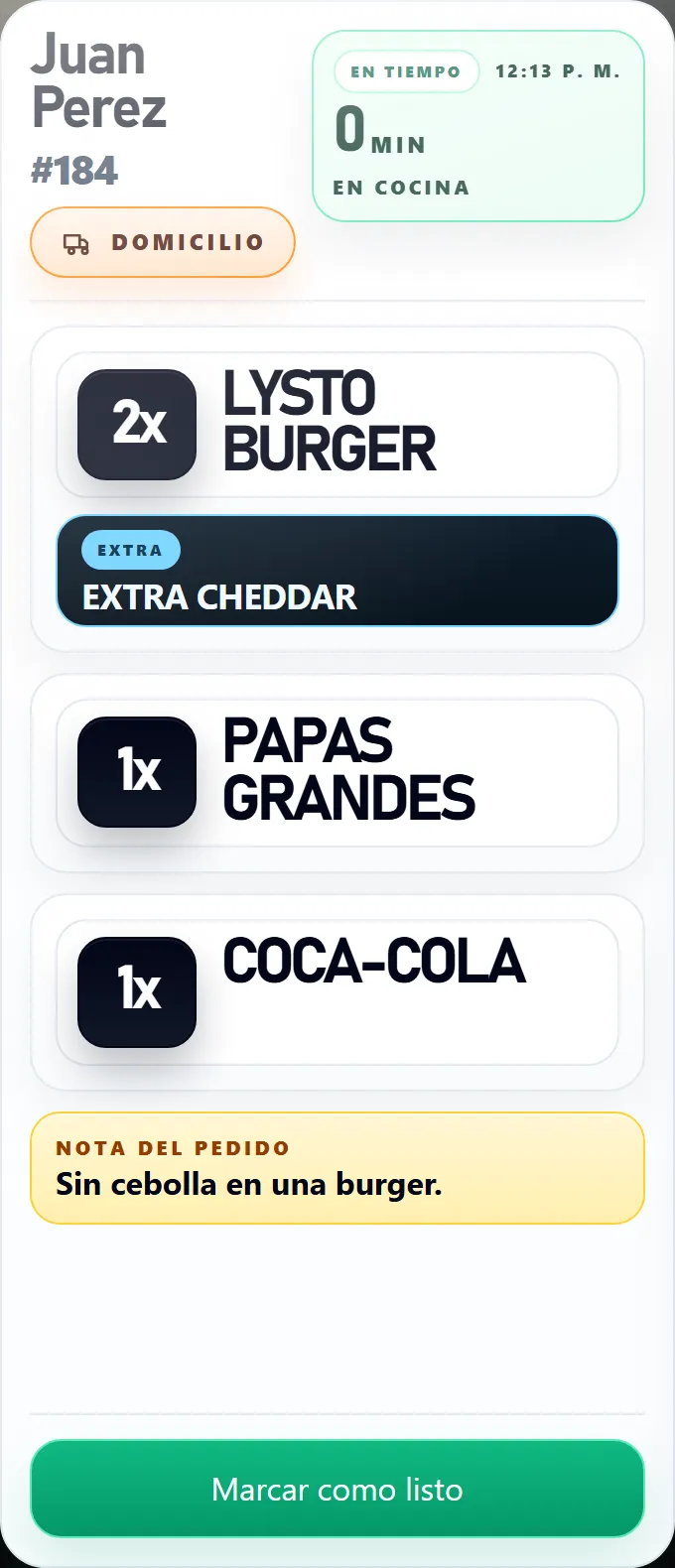 Comanda destacada de cocina con productos, extras, nota del pedido, timer y acción marcar como listo.