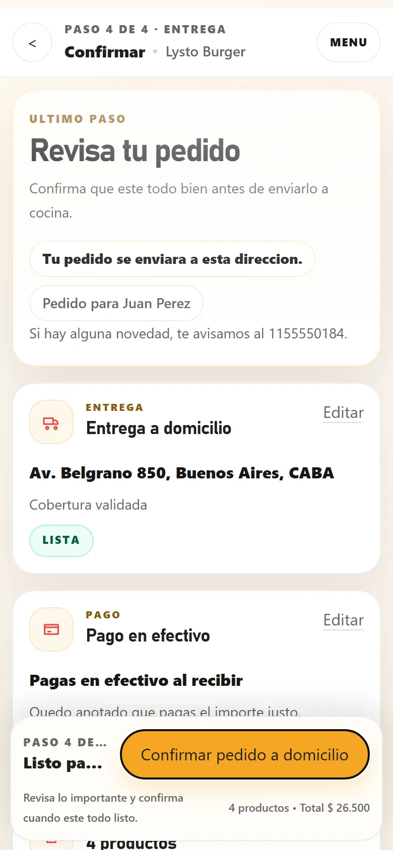 Checkout mobile de Lysto con revisión del pedido, entrega, forma de pago y datos del cliente.