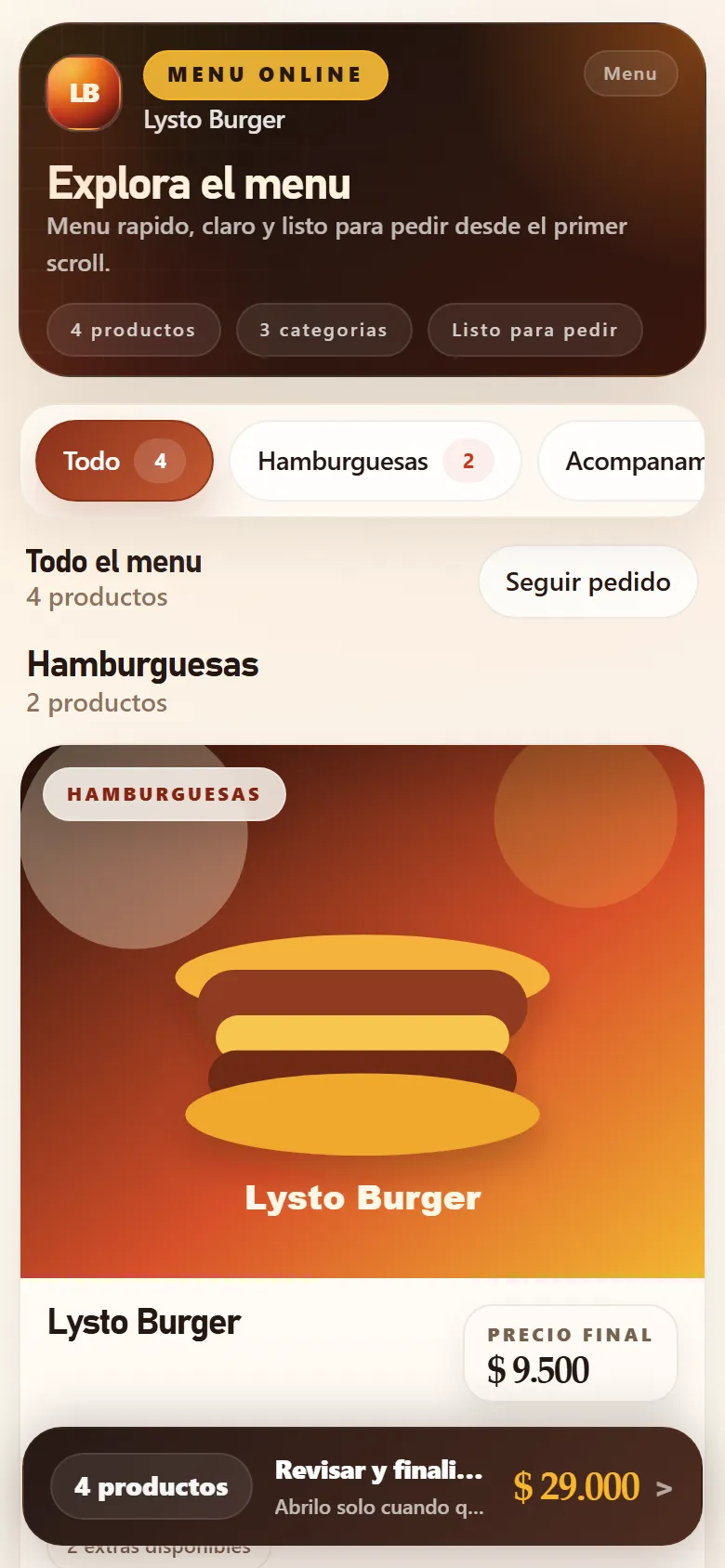 Menu online mobile de Lysto con categorias, productos, precio final y seguimiento del pedido.